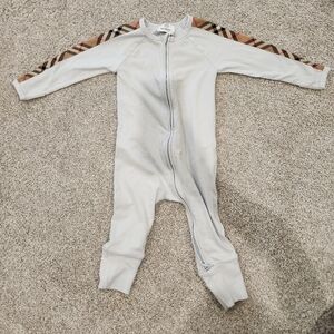 Burberry Light Blue Onesie with Plaid Sleeves 9m